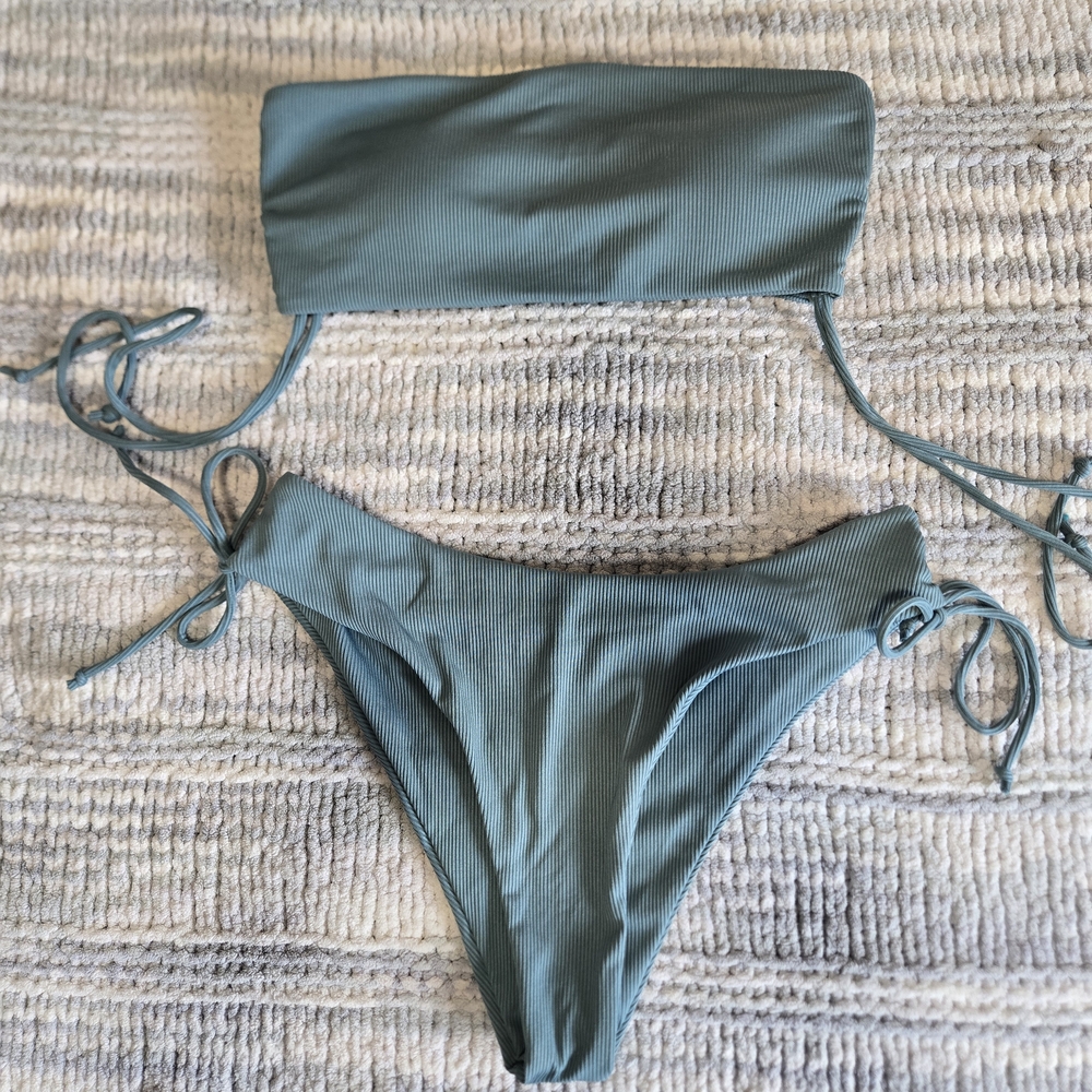Ribbed Two Piece Teal Bandeau Bikini Set